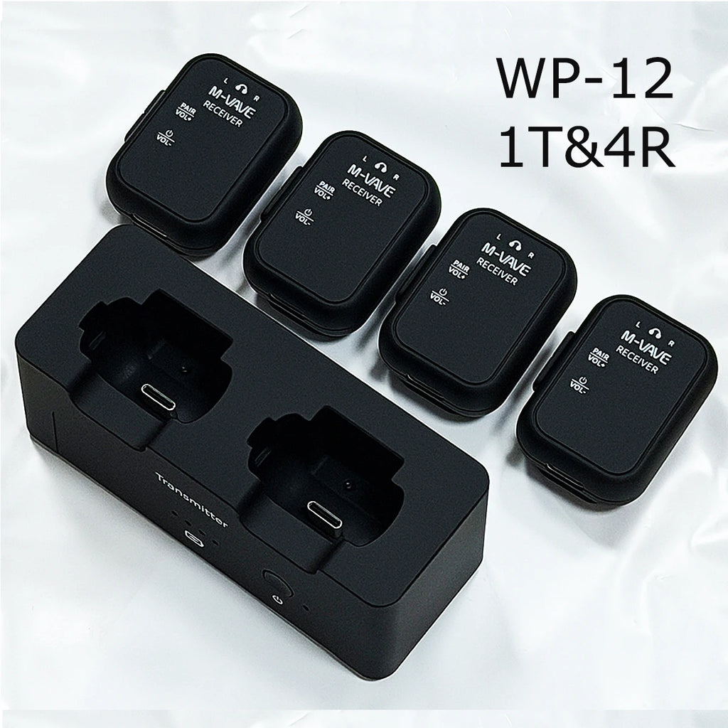 Sistema inalámbrico in-ear M-VAVE WP-12 con 1 transmisor y 4 receptores – 2.4 GHz, 24 bit/48 kHz, alcance de 30 m, latencia de 3 ms, para escenario