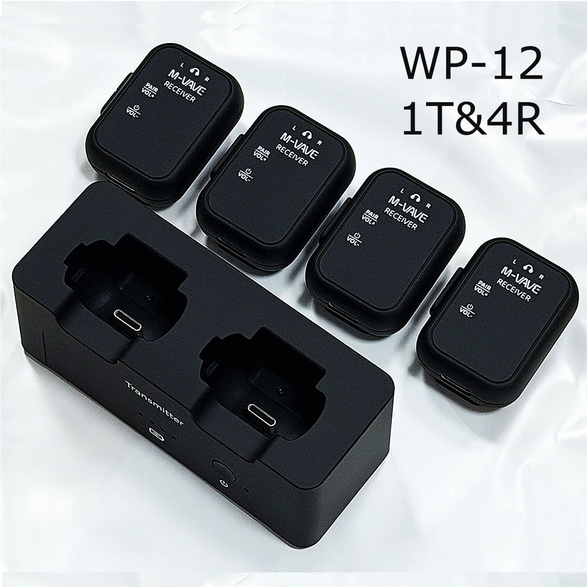 Sistema inalámbrico in-ear M-VAVE WP-12 con 1 transmisor y 4 receptores – 2.4 GHz, 24 bit/48 kHz, alcance de 30 m, latencia de 3 ms, para escenario