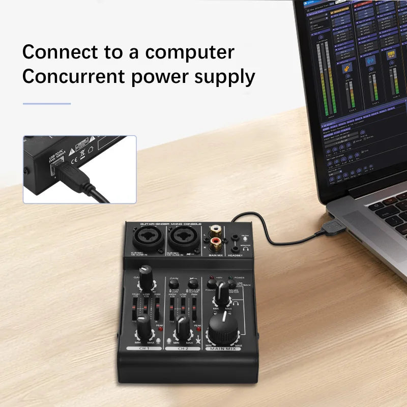 Mezcladora mini de 3 canales con tarjeta de sonido, alimentación fantasma de 48V y USB, para estudio en casa, transmisiones en vivo y karaoke