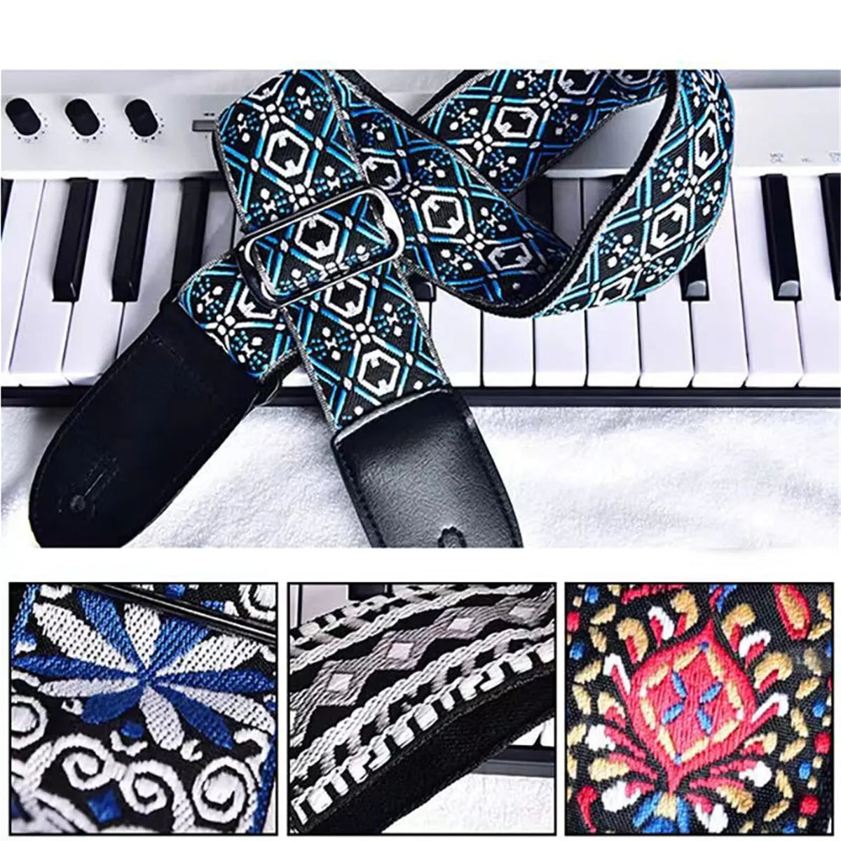 Correa bordada ajustable para guitarra y bajo, estilo étnico vintage, para guitarra acústica, eléctrica y folk