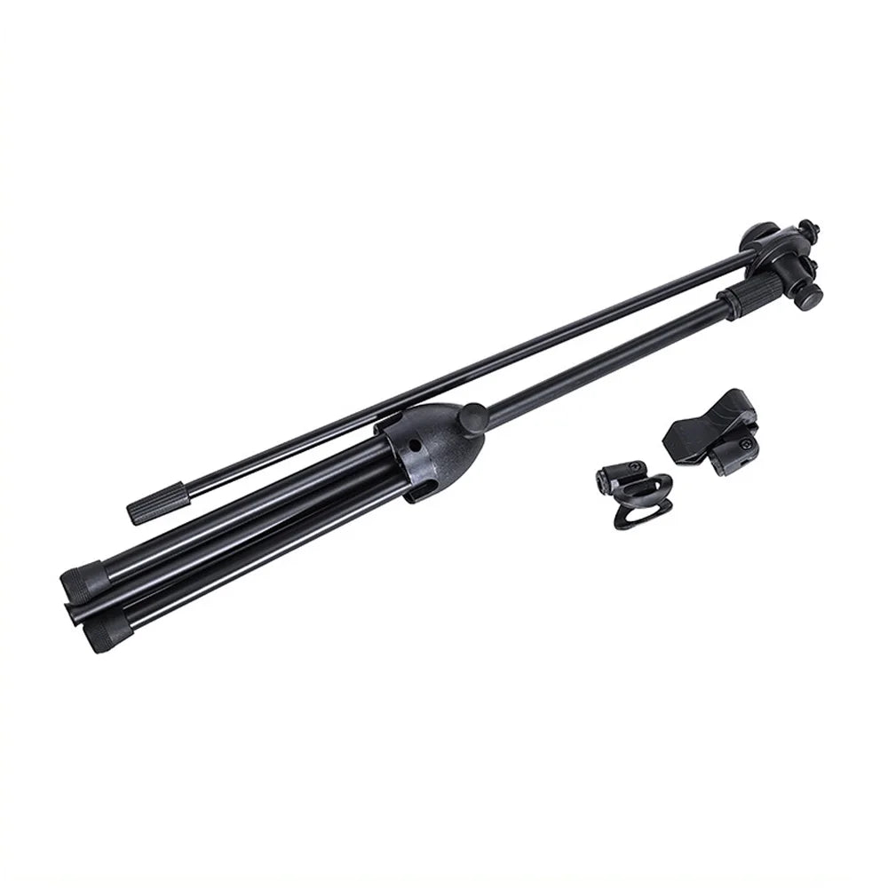 Soporte de micrófono de pie con trípode y brazo articulado, plegable, altura y ángulo ajustables, con 2 clips para micrófono