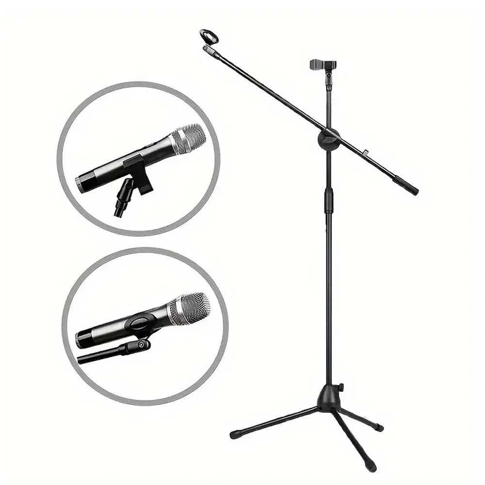 Soporte de micrófono de pie con trípode y brazo articulado, plegable, altura y ángulo ajustables, con 2 clips para micrófono